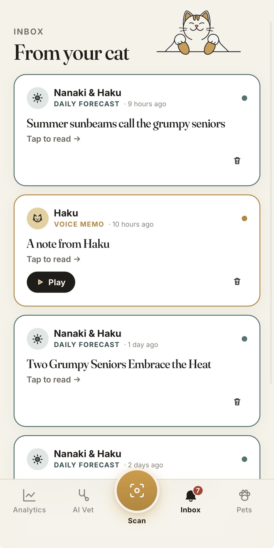 Haku inbox - daily notes and voice memos from your cat